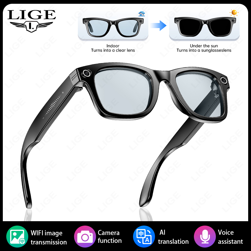 LIGE New Smart Glasses with Photochromic Lenses Camera Photography Video ChatGPT AI Interactive Translation Smart Sunglasses Men