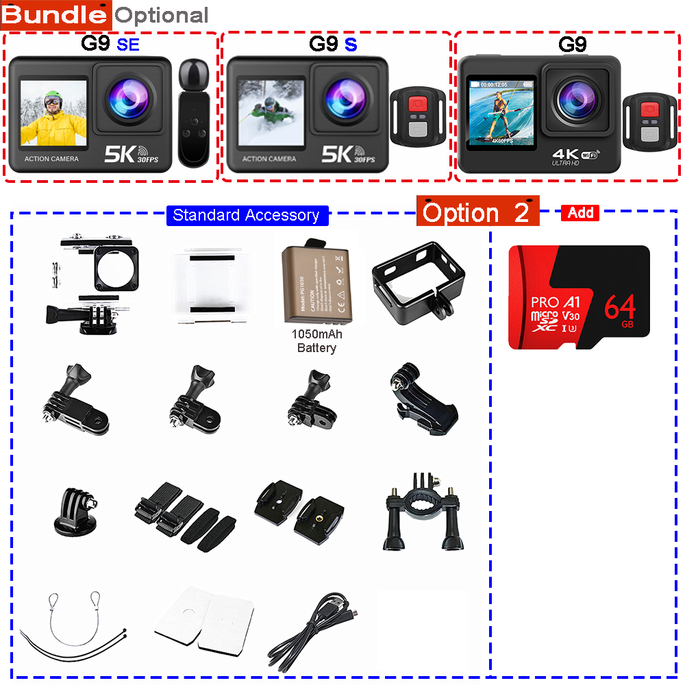 Action Camera 5K 4K60FPS 50MP 2.0 Touch EIS Pre-Record Wireless Mic Wi-Fi 170D DVR Webcam Waterproof 30M 5X Zoom Sports Camera