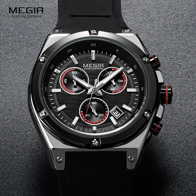 MEGIR Sports Chronograph Quartz Wrist Watches for Men Silicone Waterproof Clock Relojios Luminous Relojes Montres 2073GS-BK-1