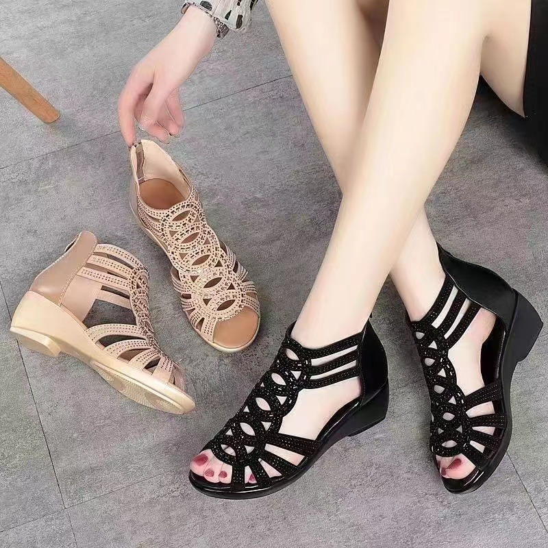 2024 Summer New Soft Leather Roman Sandals Women  Soft Sole Outwear Women's Wedge Shoes Fashion Casual Designer Shoe Ladies