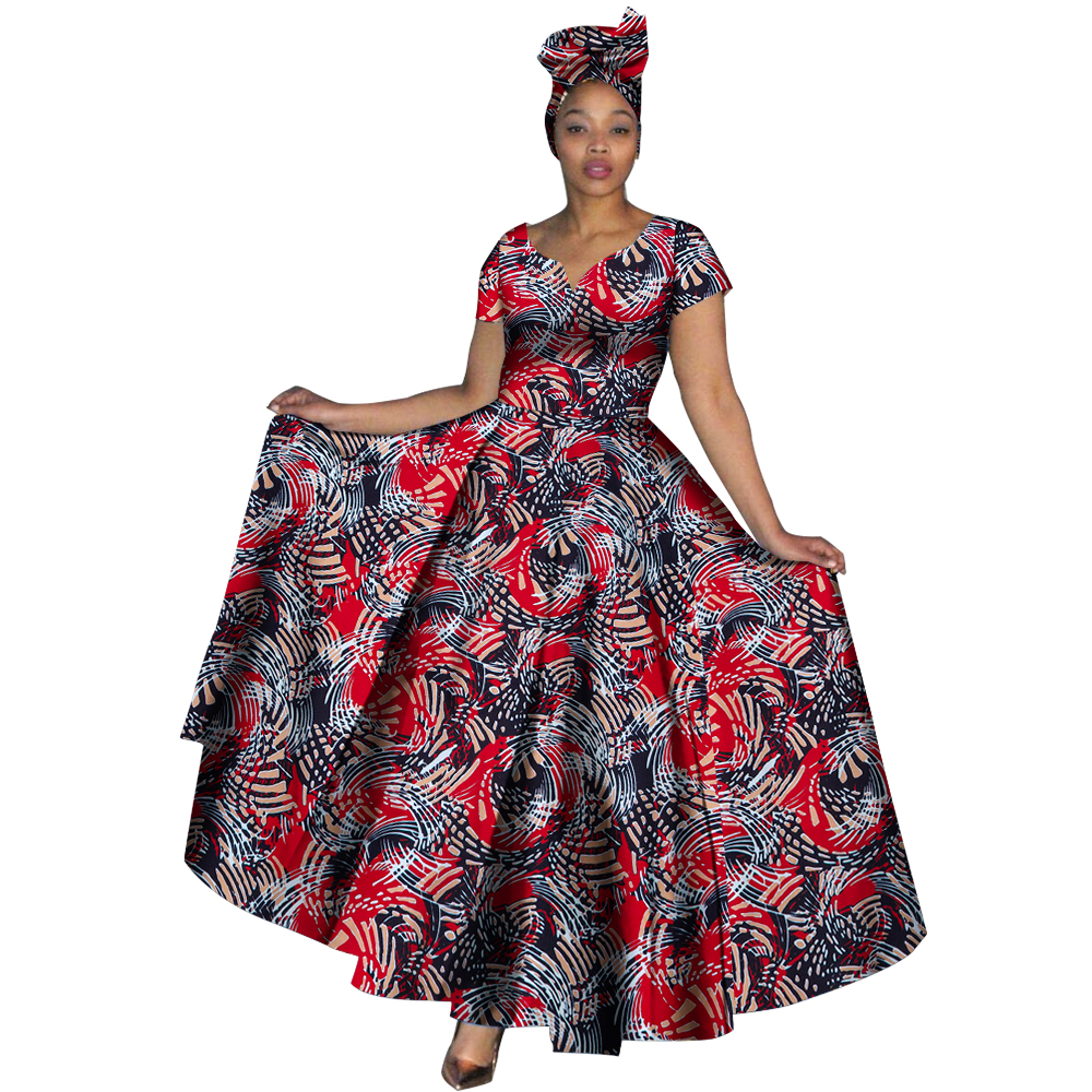 Fashion Women Clothes African Dresses Ankara Print V-neck Maix Long Dresses with Head Scarf Dashiki Women Outfit WY749
