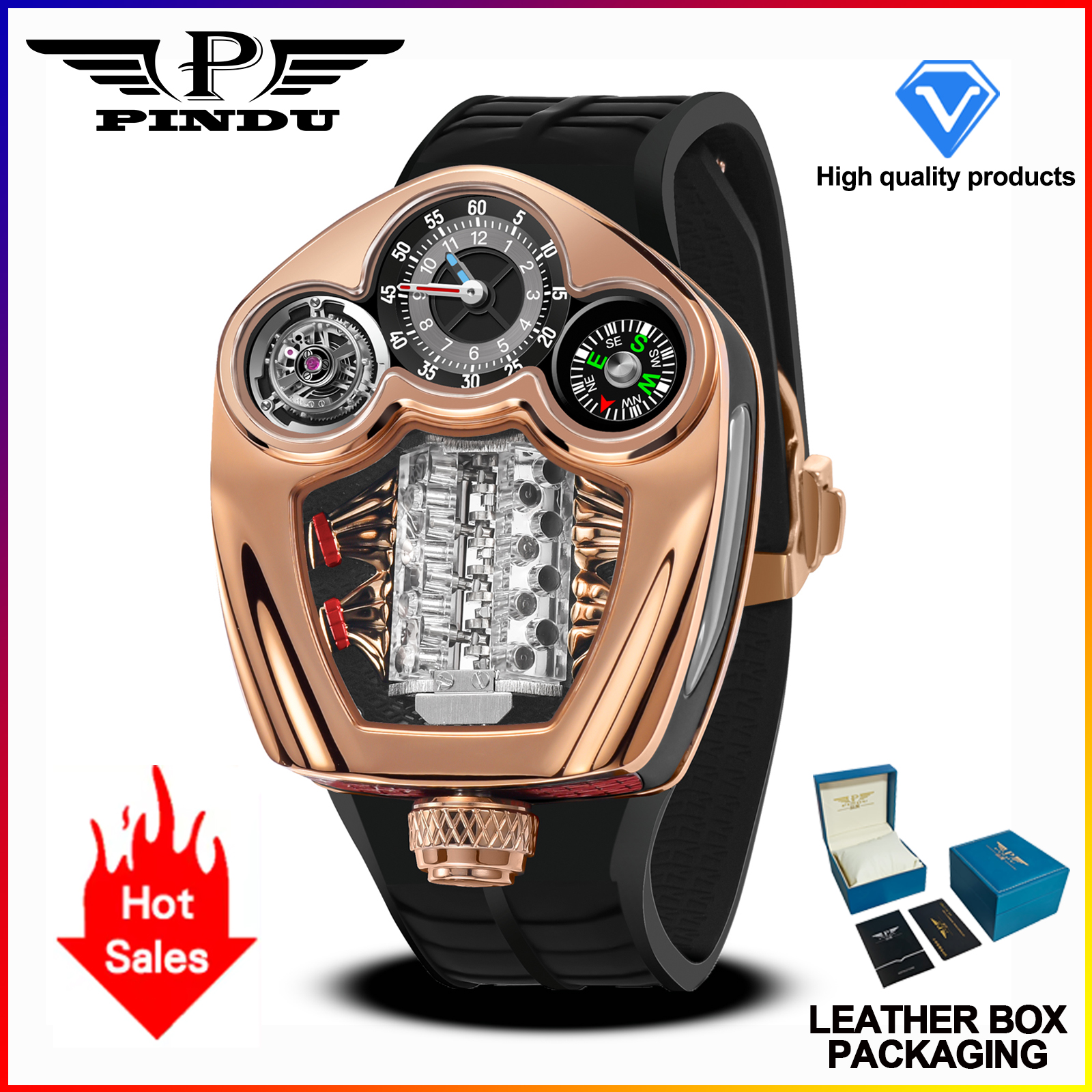 PINDU Design NEW Engine Series Quartz Watch Men TOP-luxurious Stainless steel Compass Waterproof Swiss quartz 762 movement watch