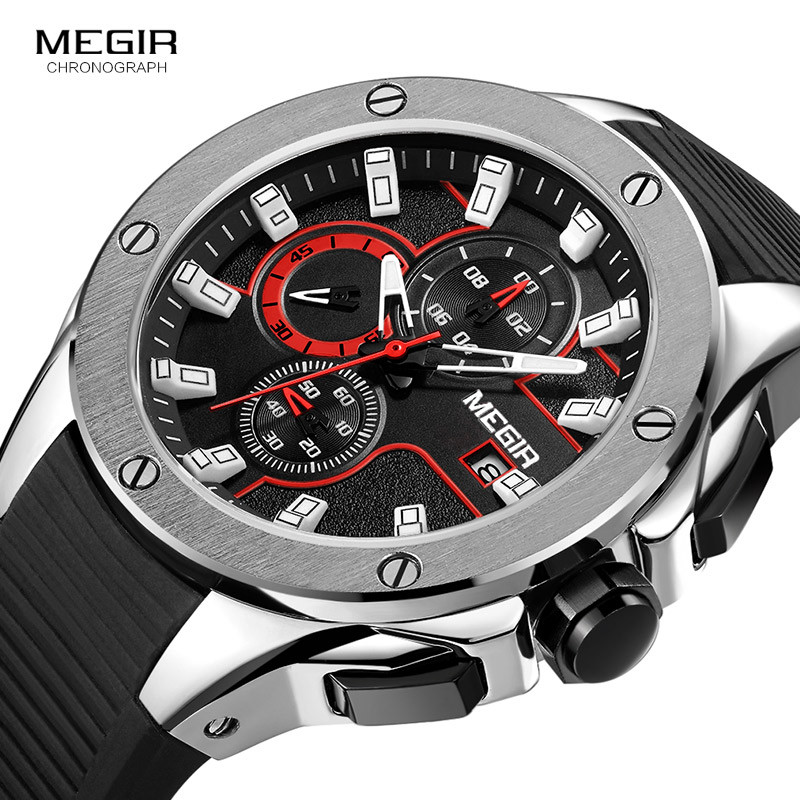 MEGIR Men's Sports Quartz Watches Fashion Silicone Strap Chronograph Wristwatch for Man Luminous Hands Waterproof 2053GBK