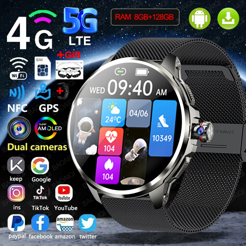 5G/4G All-Network Smart Watch 1.95 inch AMOLED 2100mah Battery 8GB+128GB RAM 900W Camera GPS WIFI Google APP Download Smartwatch
