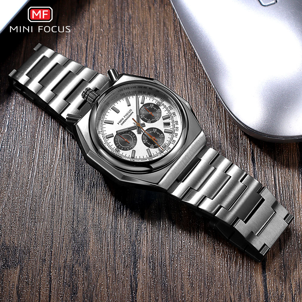 MINI FOCUS Chronograph Quartz Watch for Men Fashion Waterproof Luminous Wristwatch with Calendar Stainless Steel Strap 0601