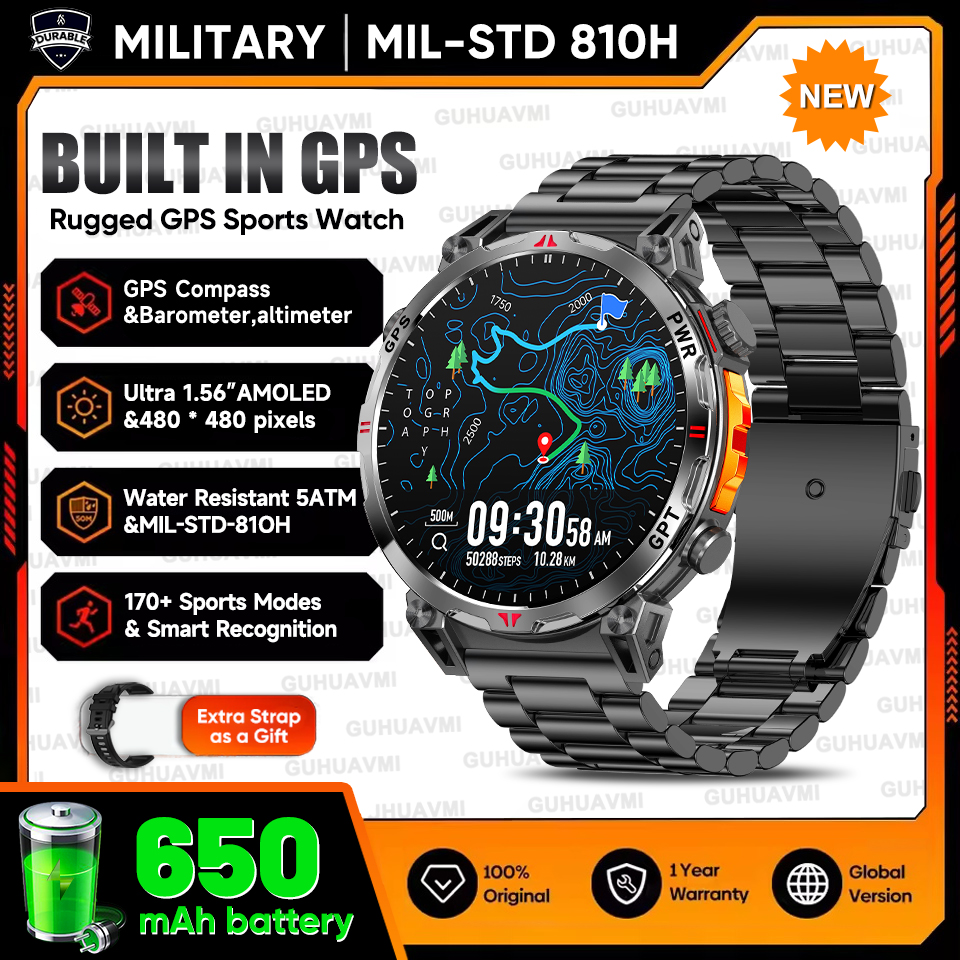 2025 New Military T-Rex3 GPS Smart Watch 5ATM Waterproof 650mAh Battery Heart Rate Compass AI GPT Sports tracker Smartwatch Men