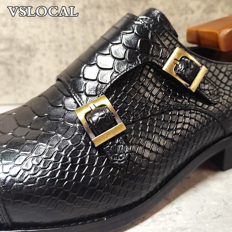 Luxury Men's Loafers Shoes Snake Prints Formal Dress Mens Casual Shoes Black Brown Genuine Leather Double Monk Shoes Men