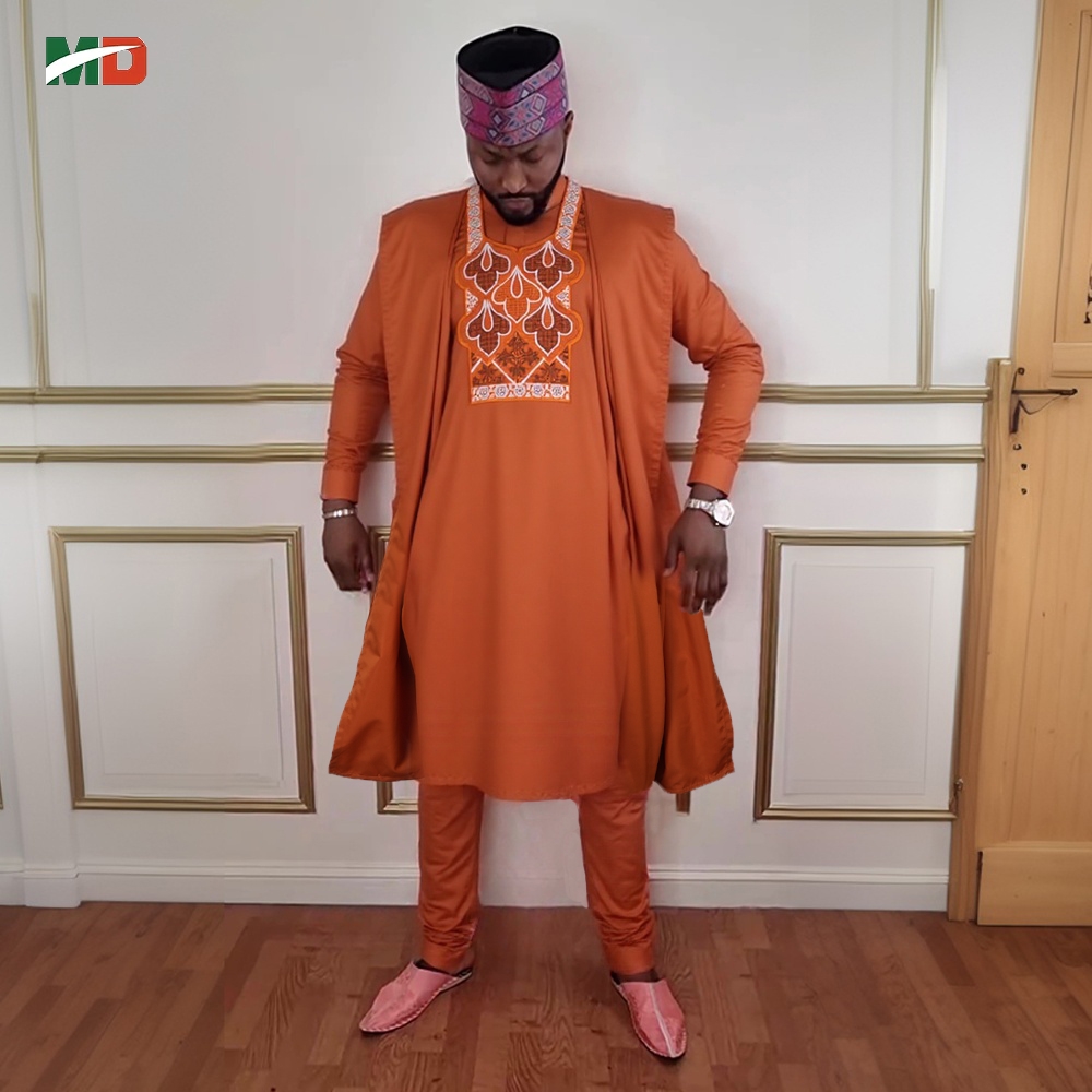 MD 2025 African Boubou Men Agbada 3 pieces Set Orange Dashiki Mens Shirt Pants Suit Embroidered Clothes Wedding Tops Pants Suit