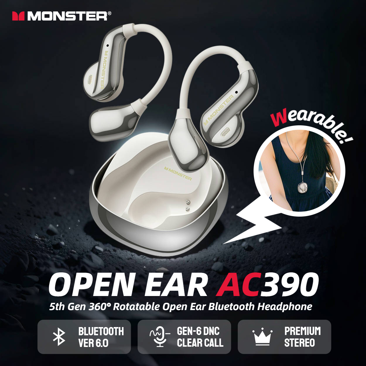 Monster Open Ear AC390 Air Conduction Earphones 360° Stereo Bluetooth 6.0 Headphones DNC Call Noise Canceling Sports Headset