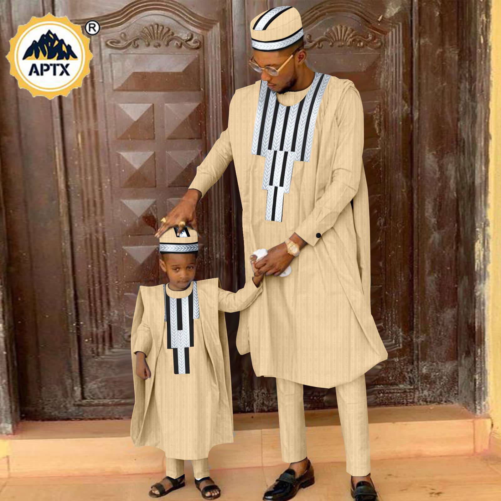 African Matching Outfit for Family Bazin Riche Muslim Sets Dashiki Father and Son Attire Agbada Robe Shirt and Pants Hat Y23F001