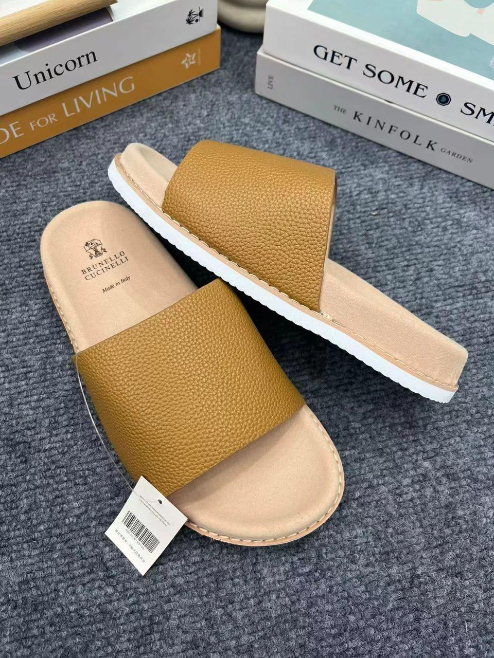 Brunello Cucinelli Olive Green Leather Slide Sandals