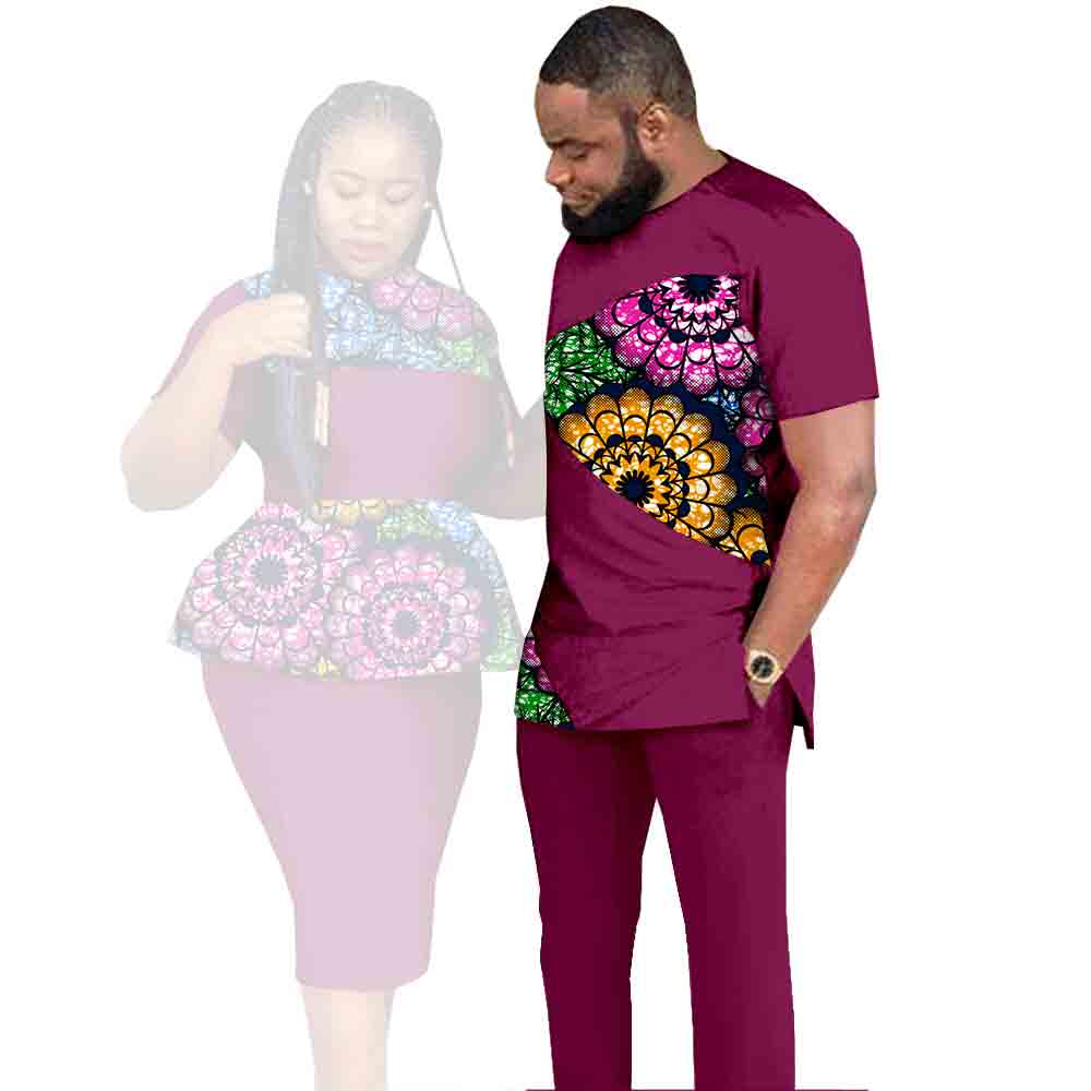 African Clothes for Couples Dashiki Women Patchwork Print Dresses Matching Men Outfit Top and Pants Sets Love Party Wear S20C010