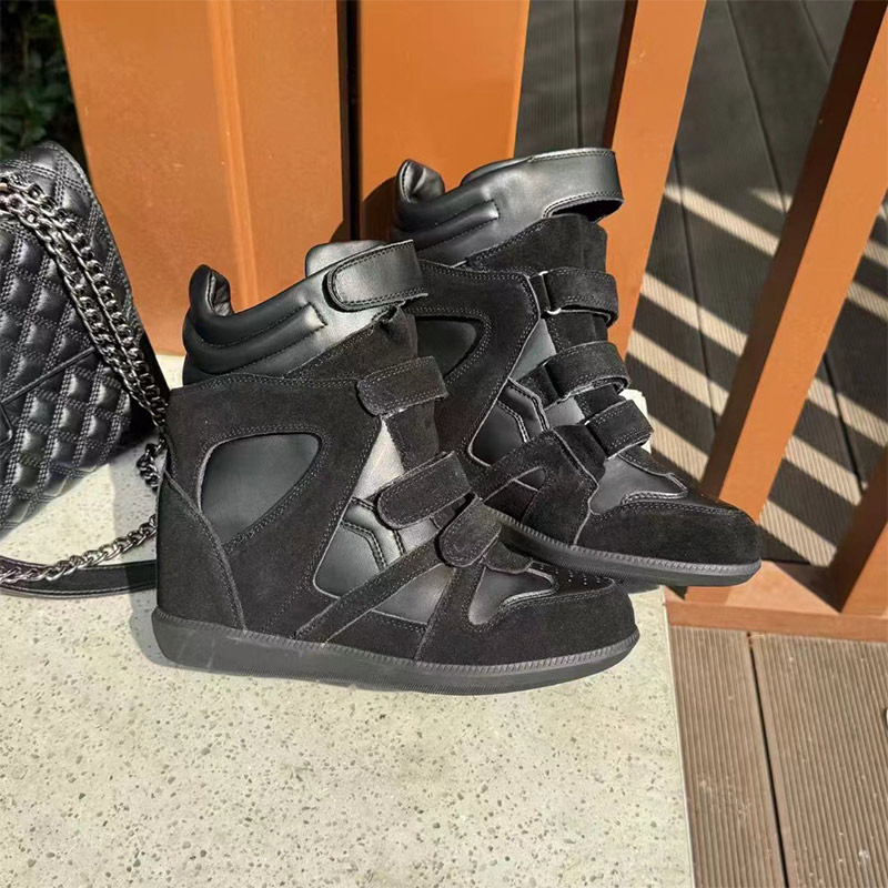 Brand Leather Wedge Sneakers Hook Loop Fastener Hiking Boots Women Thick Sole Platform Height Increasing Shoes Ankle Short Boots