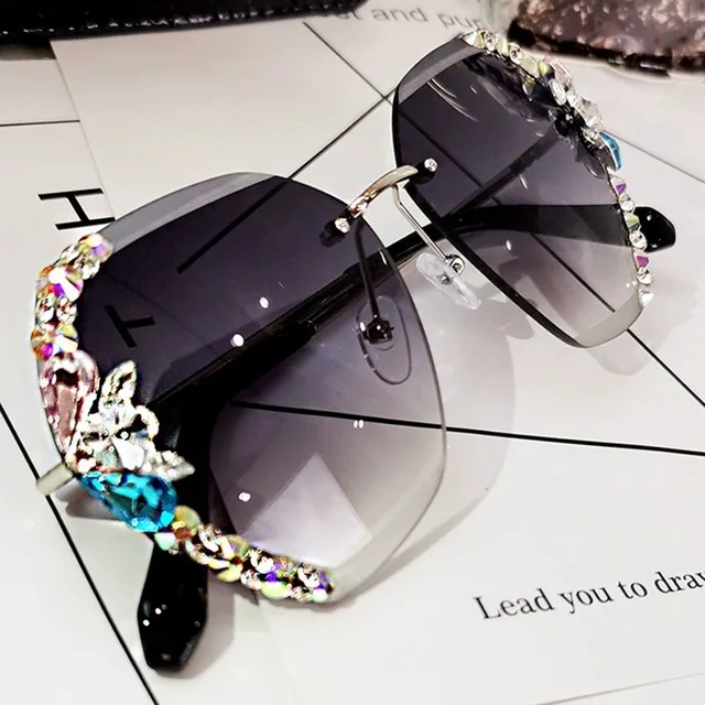 2023 Luxury Brand Design Vintage Rimless Rhinestone Sunglasses Women Men Fashion Gradient Lens Sun Glasses Shades for Female