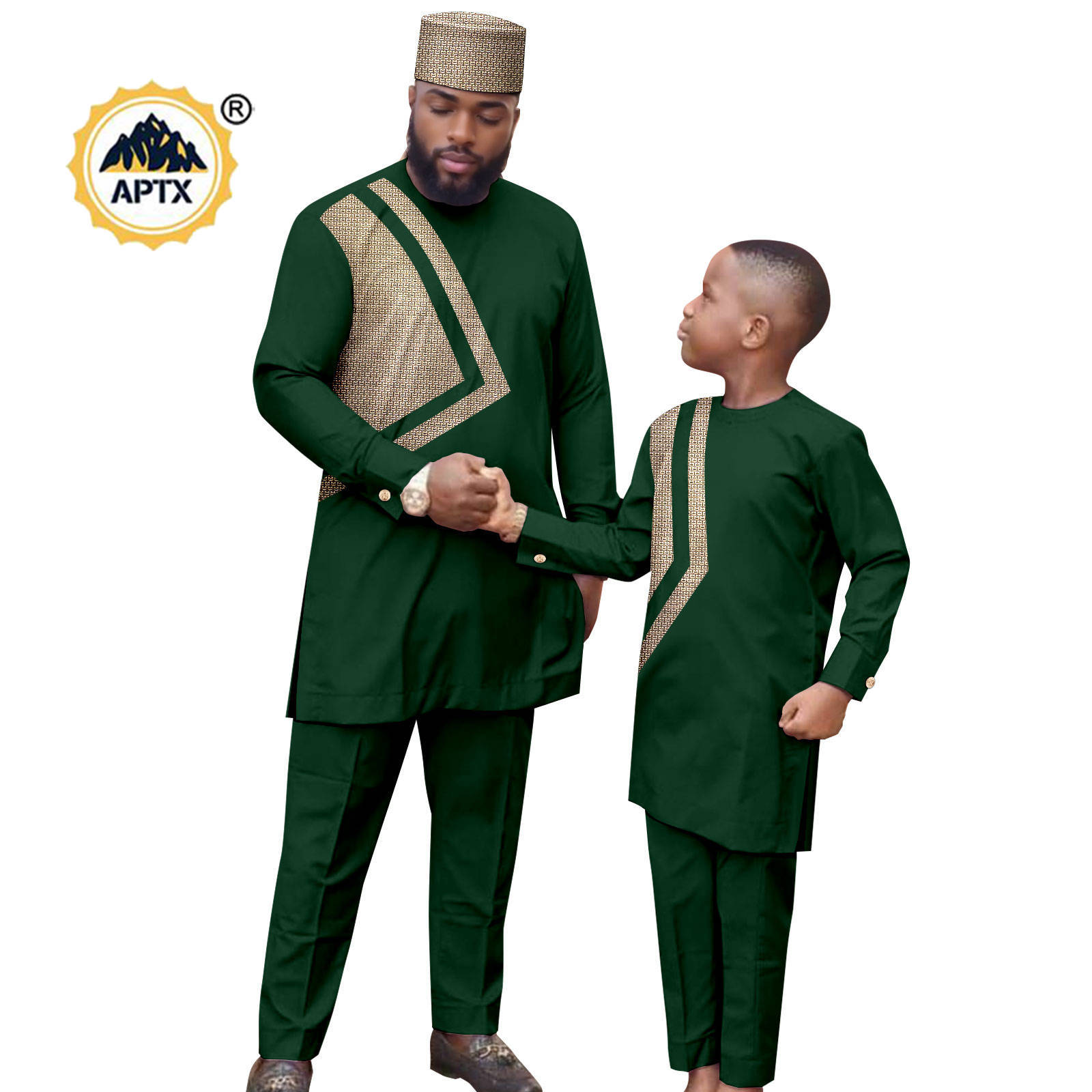 African Clothes for Family Dashiki Men Outfits Hat Top Shirt and Pant Sets Bazin Riche Father and Son Children Outwear 24F024