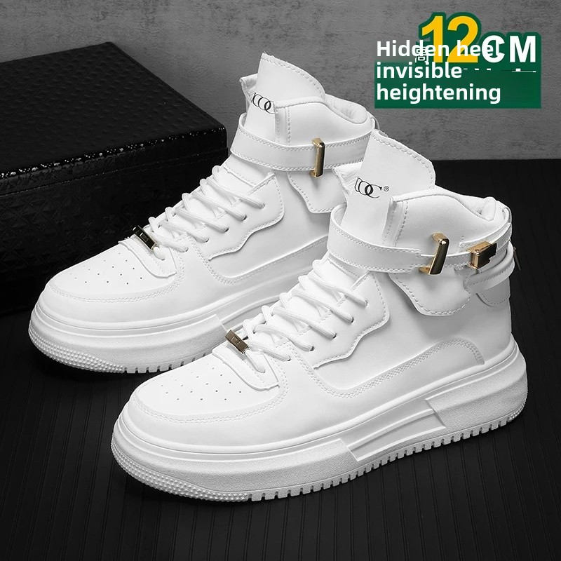 New Autumn/Winter Men's Casual Sneakers 12cm Increased Height 10cm Thick Sole White Shoes High Top Rubber Base Male Footwear
