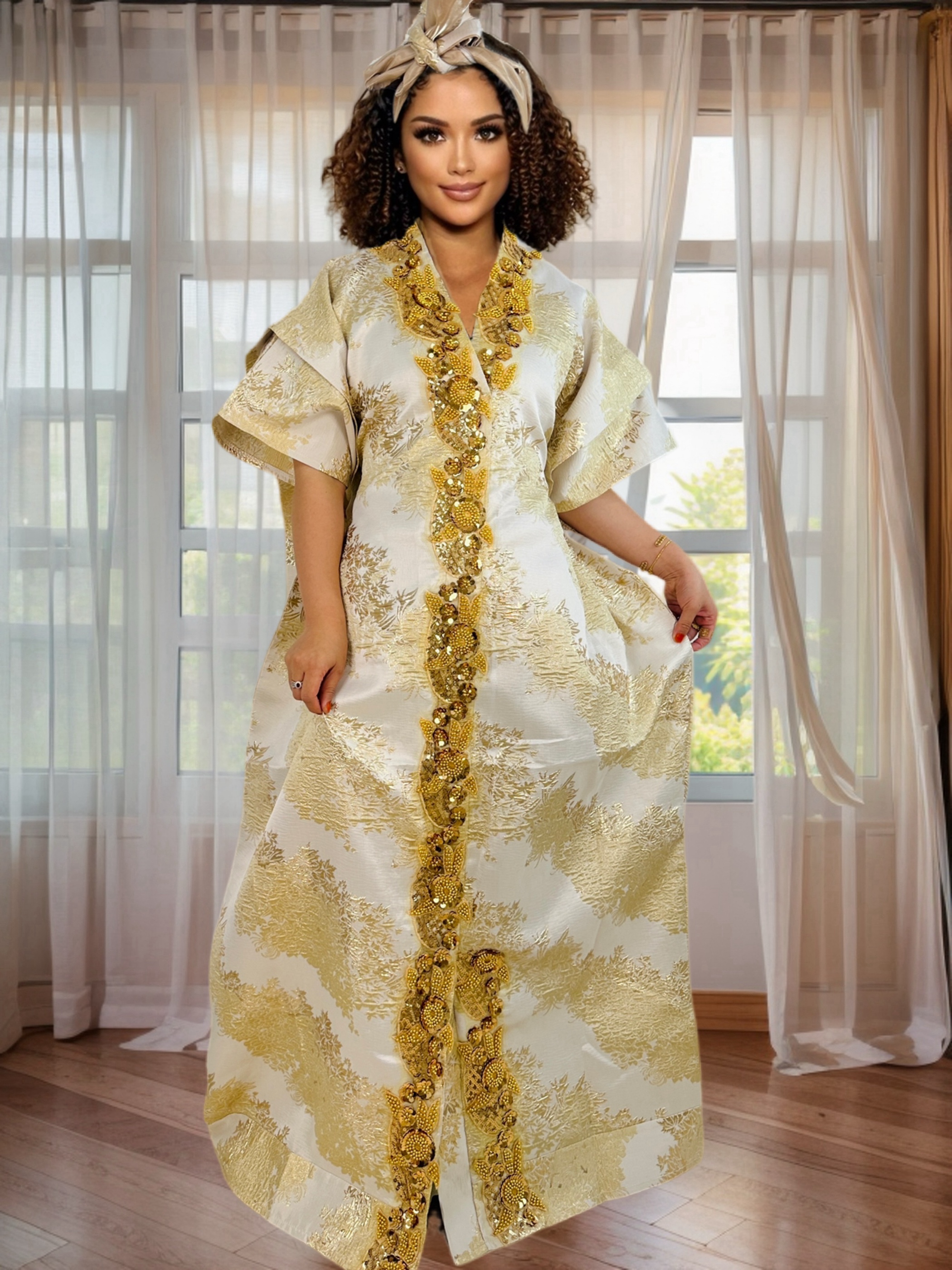 Women's Elegant Rhinestone Embellished Long Kaftan Dress Abaya Shinny Stylish Traditional African Outfit