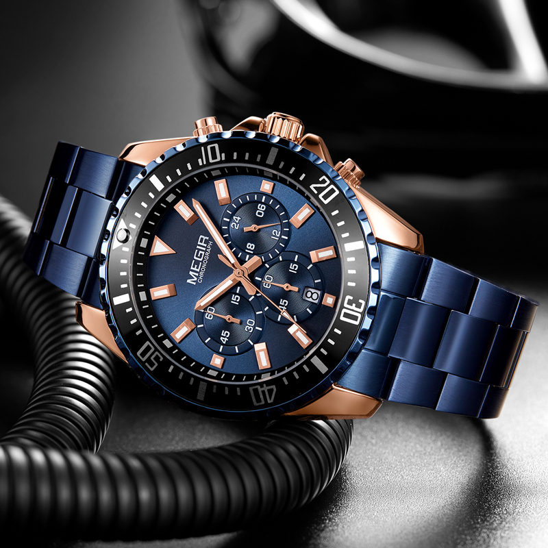 MEGIR Men's Stainless Steel Waterproof Luminous Wristwatch Chronograph Sport Quartz Analogue white Three-eyes Watches for Mens