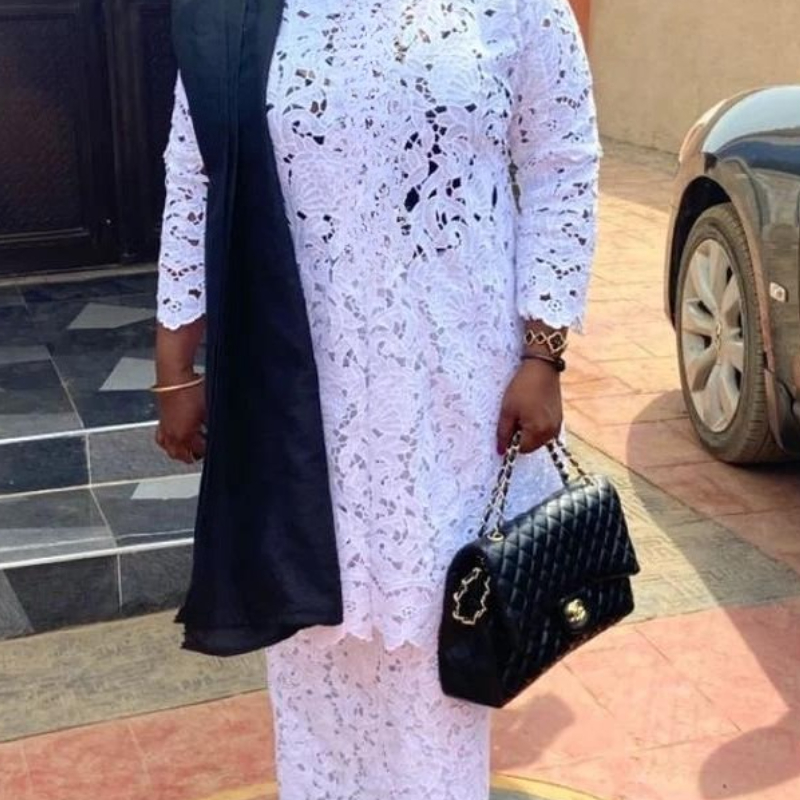 Women White Lace Two Pieces Set Loose Long Tops Shirt with High Waist Skirt Elegant African Clothing Kaftan Church Occasion New