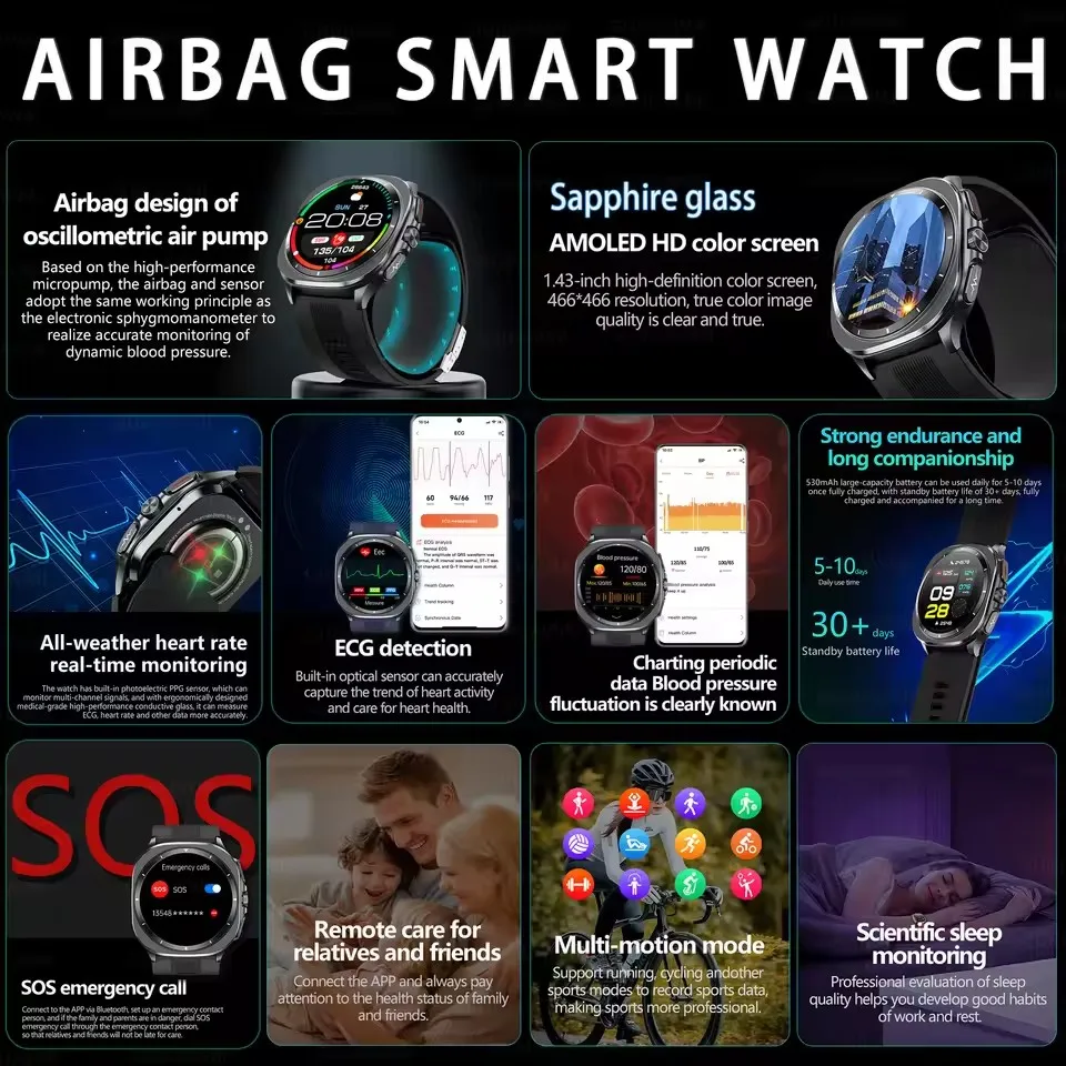 Airbag measurement Smart Watch Men ECG Air Pump Blood Pressure Blood Oxygen BT Call NFC SmartWatch For Man Android iOS upgrade