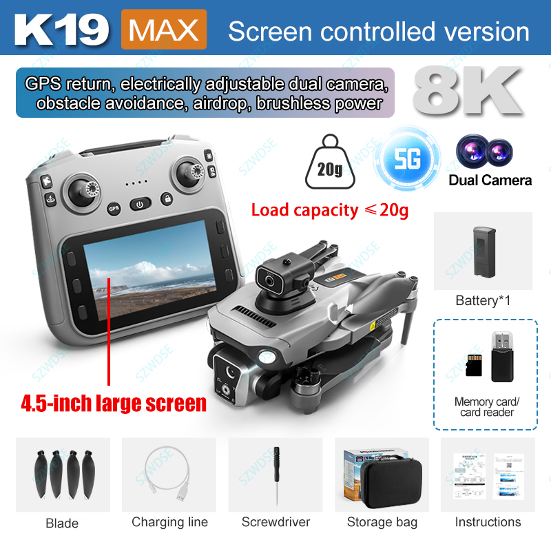 2025 K19 MAX Drone GPS Return With Screen Aerial Photography Aircraft Brushless Airdrop Remote Control Aircraft Quadcopter Toy