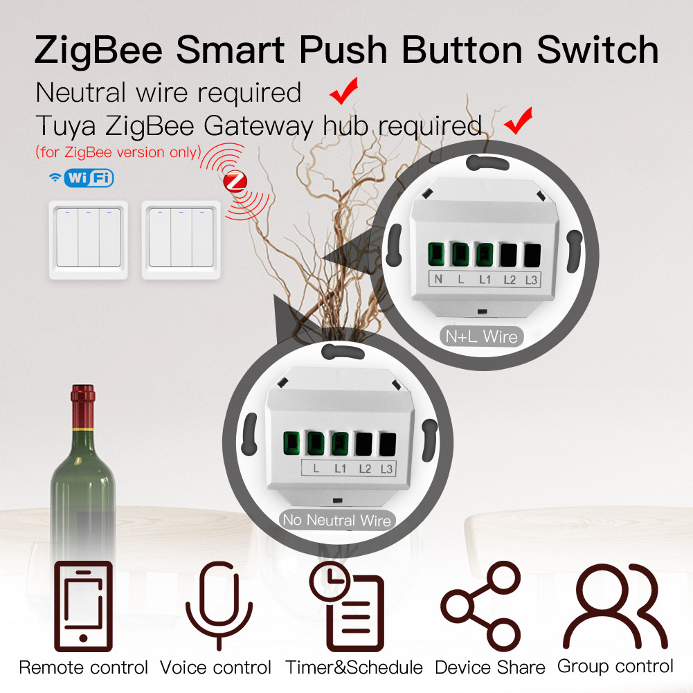 ZigBee Smart Push Button Switch No Neutral Required SmartLife Tuya APP Alexa Google Home Voice Control 1/2/3 gang EU