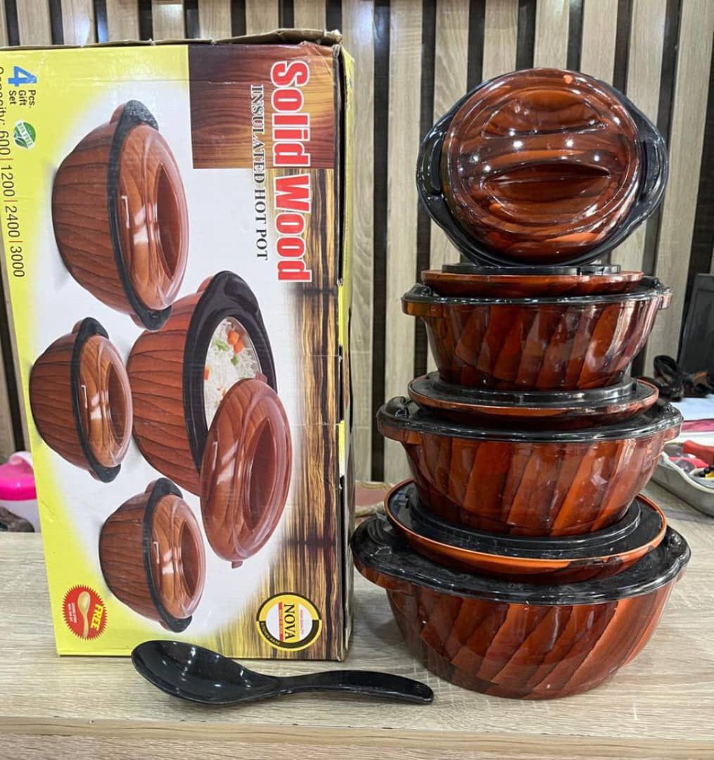 Solid Wood Insulated Hot Pot Set - 4 Pcs