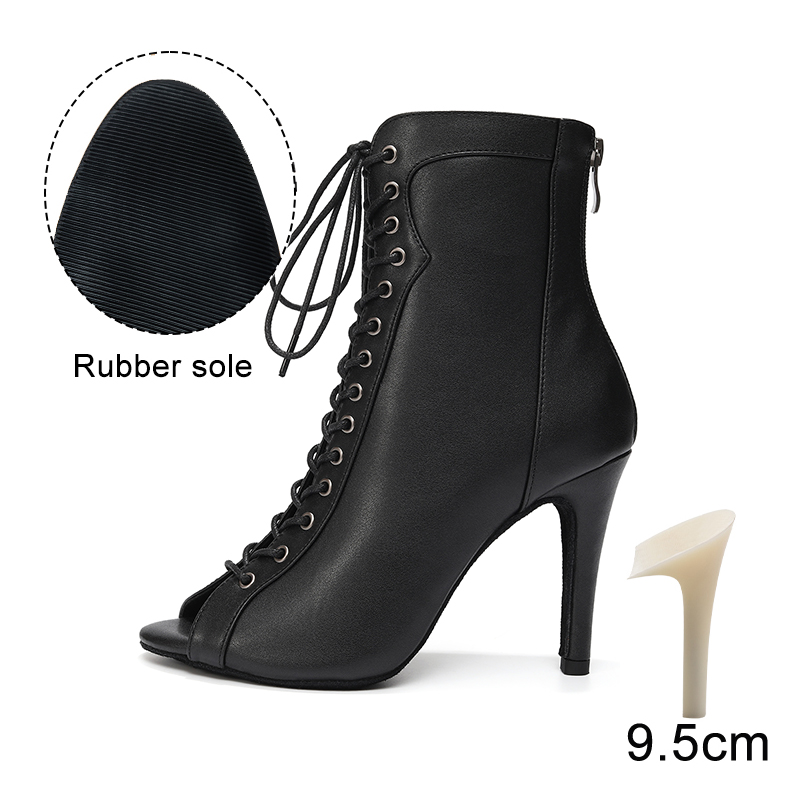 HROYL High Heel Dance Shoes Woman Beige Black Latin Dance Booties Women Open Toe Lace Up Stiletto Boots for Girls Suede Sole