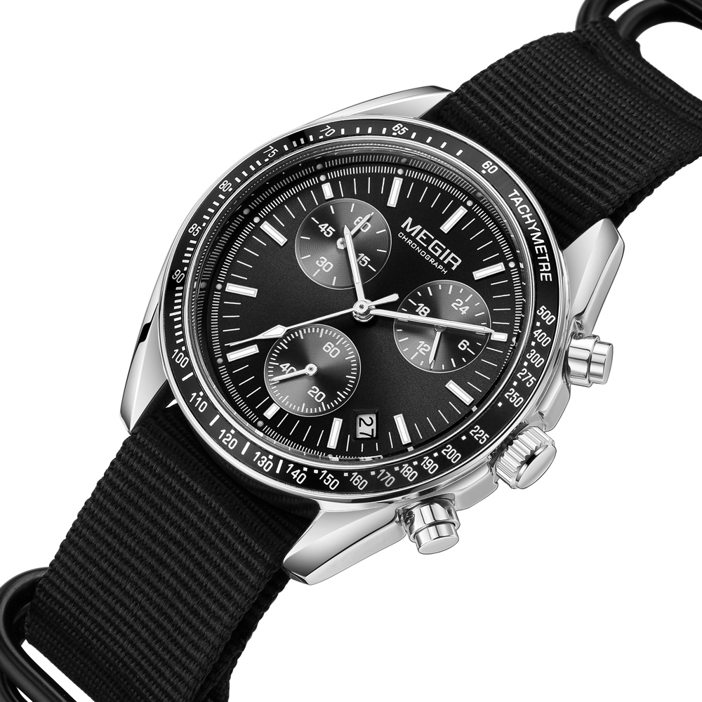 MEGIR Triple-eye Quartz Watch for Men's Nylon Braided Strap Waterproof Luminous Sports with Chronograph Fashion Wristwatch Male