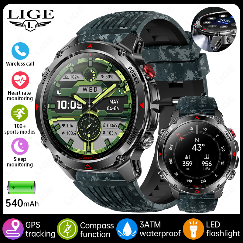 LIGE 2025 New Professional GPS Track Sports Smartwatch Outdoor RIDE Run Compass Altimeter 3ATM Fitness Bracelets 540mAh Watches