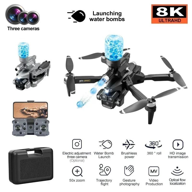 K11 MAX Drone 8K HD Foldable FPV ESC RC Tripple Camera Optical Flow Positioning Brushless Lauching Water Bombs