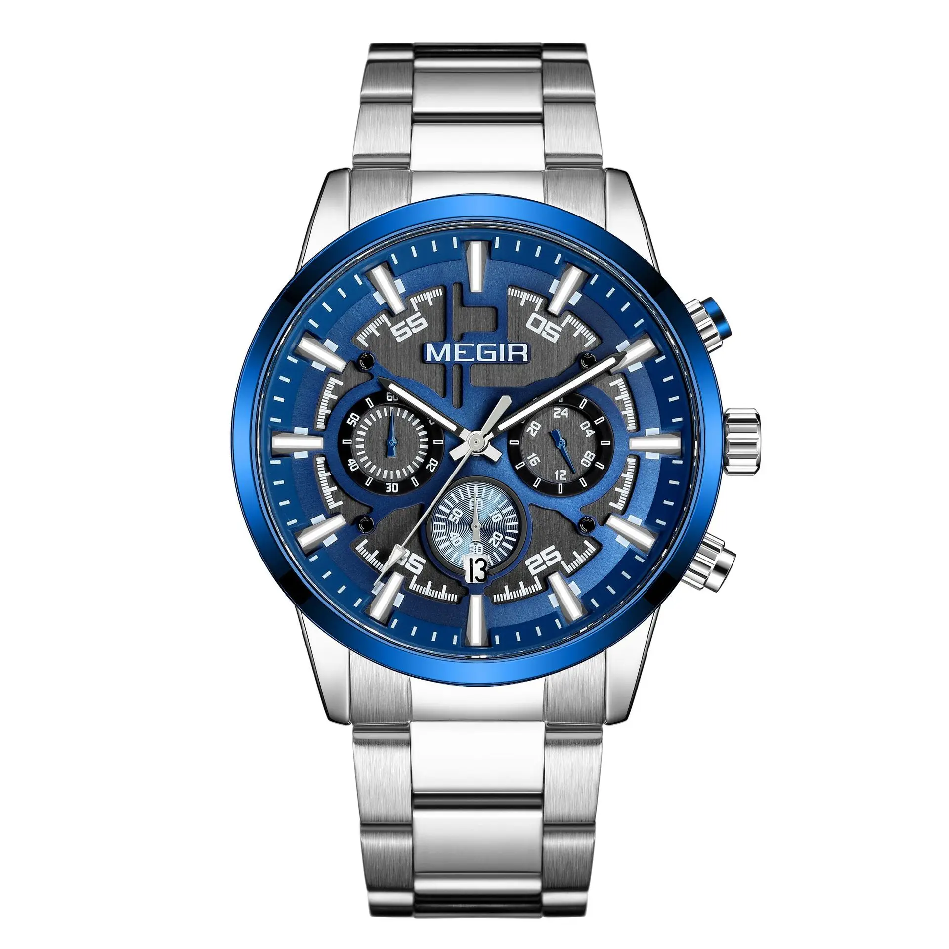 MEGIR 2220 Men's Quartz Watch Fashion and Elegant Business Chronograph Calendar Waterproof Stainless Steel Strap Watches for Man