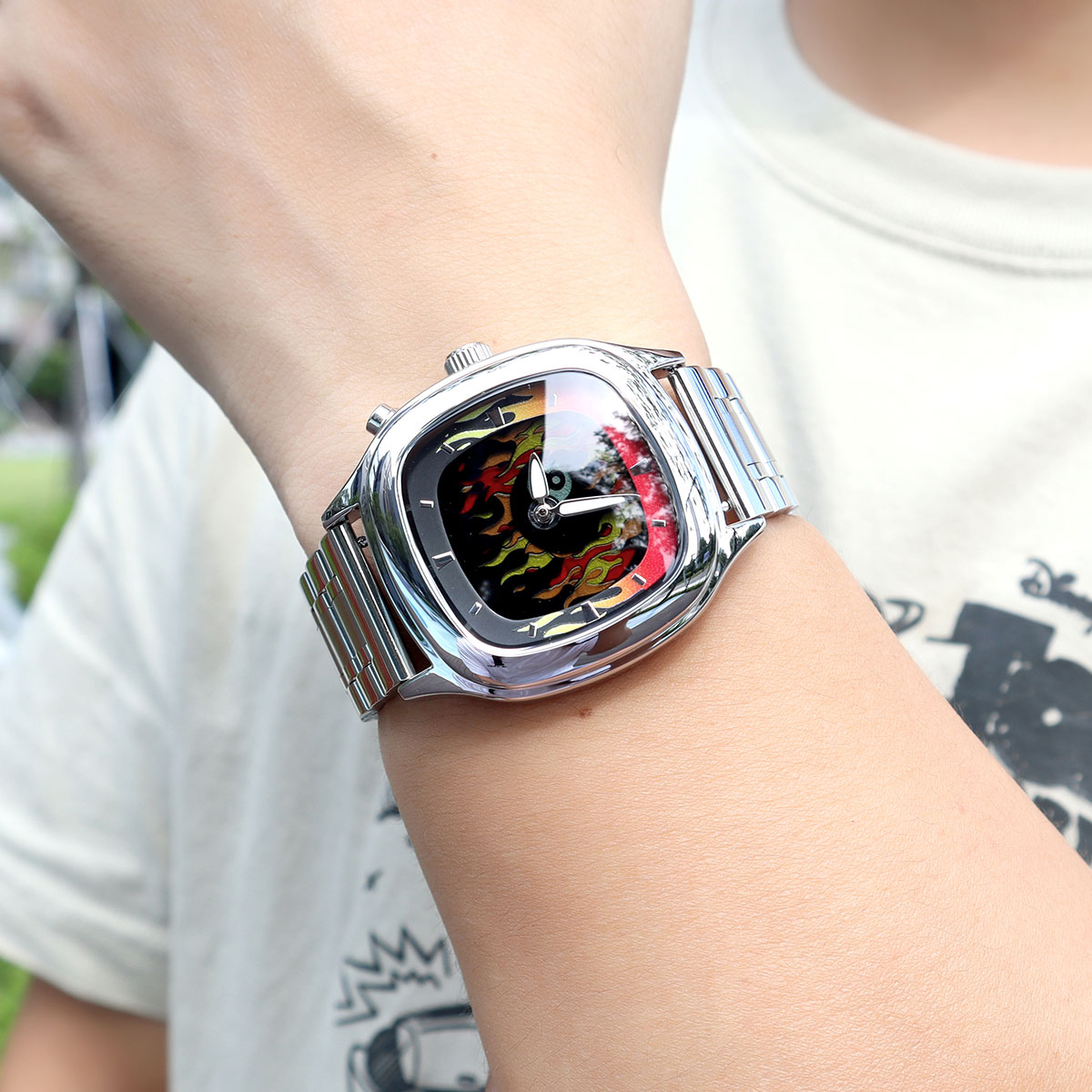 Retro Millennium Watch for Men with Dynamic Flame Dial Unique Creative Quartz Wristwatch with Stainless Steel Strap Square Case