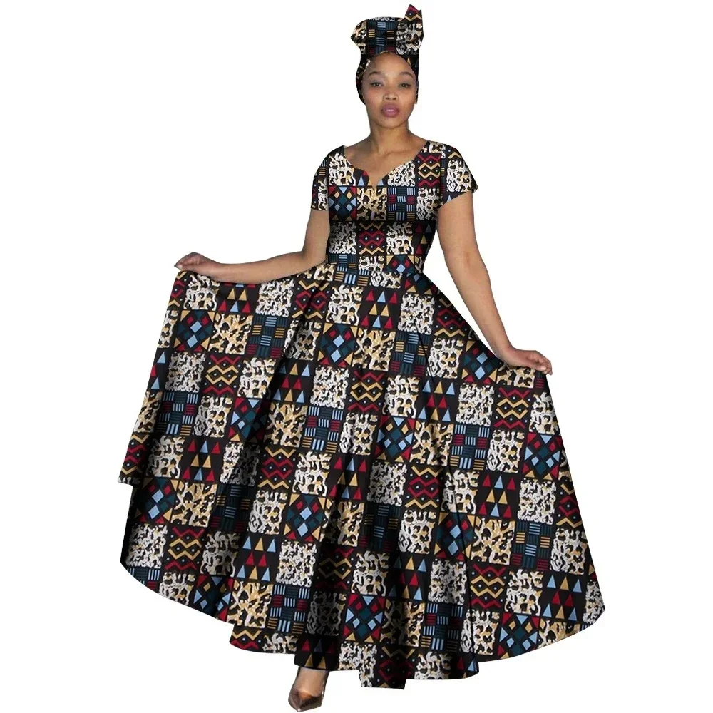 Fashion Women Clothes African Dresses Ankara Print V-neck Maix Long Dresses with Head Scarf Dashiki Women Outfit WY749