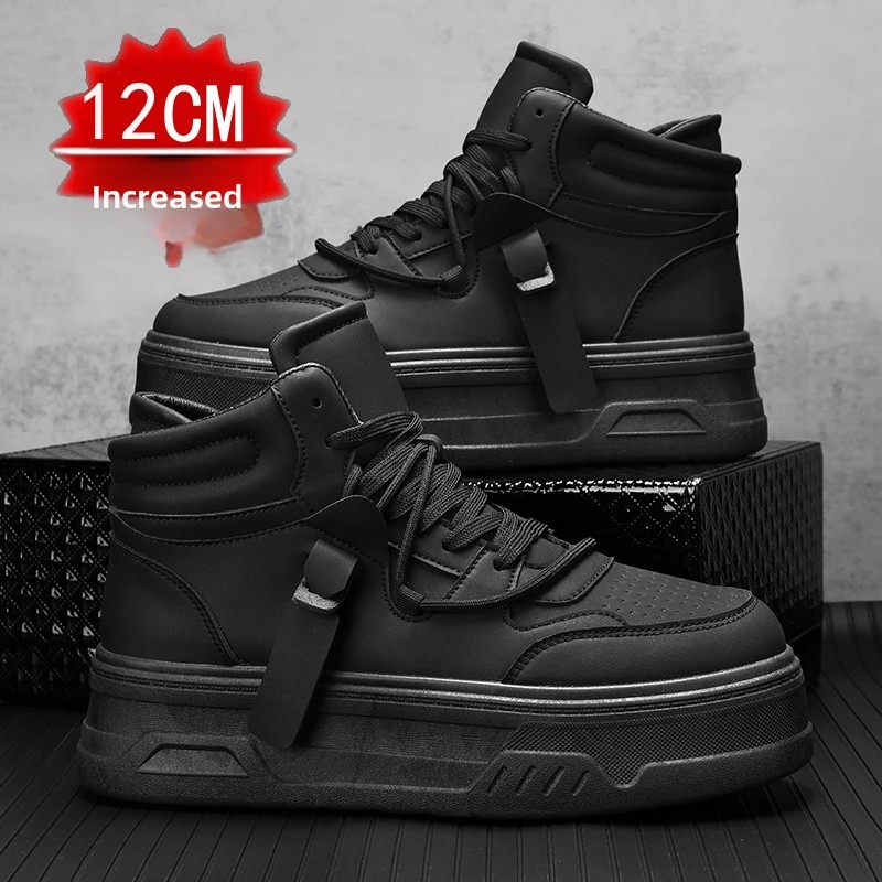 New Autumn/Winter Men's Casual Sneakers 12cm Increased Height 10cm Thick Sole White Shoes High Top Rubber Base Male Footwear
