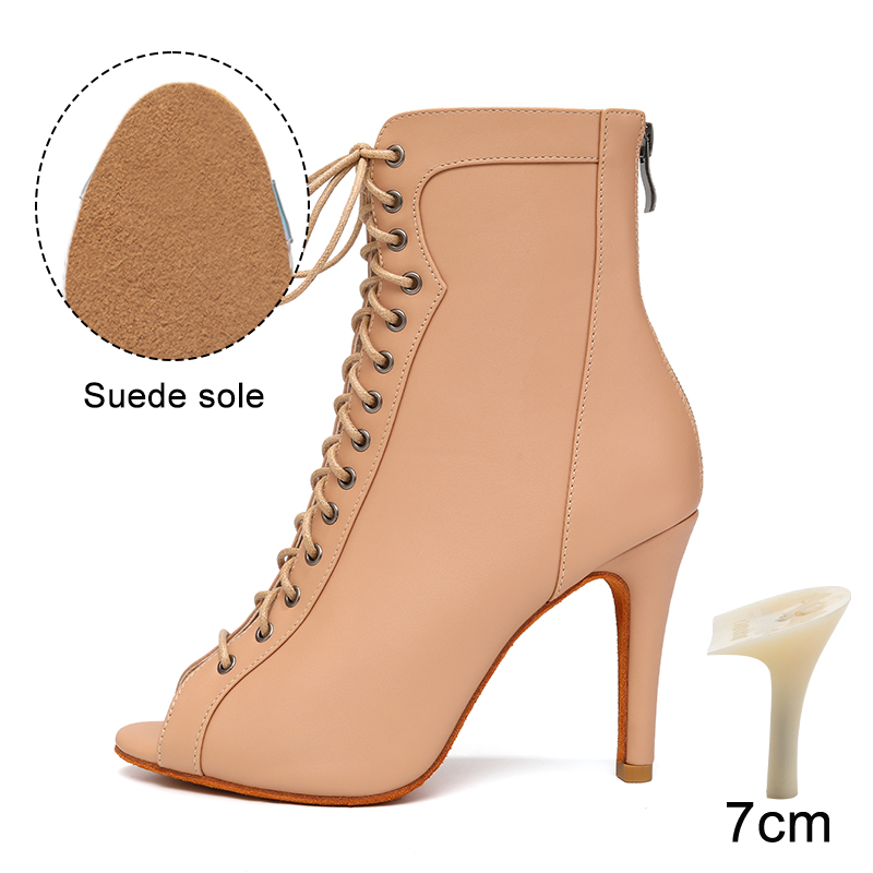 HROYL High Heel Dance Shoes Woman Beige Black Latin Dance Booties Women Open Toe Lace Up Stiletto Boots for Girls Suede Sole