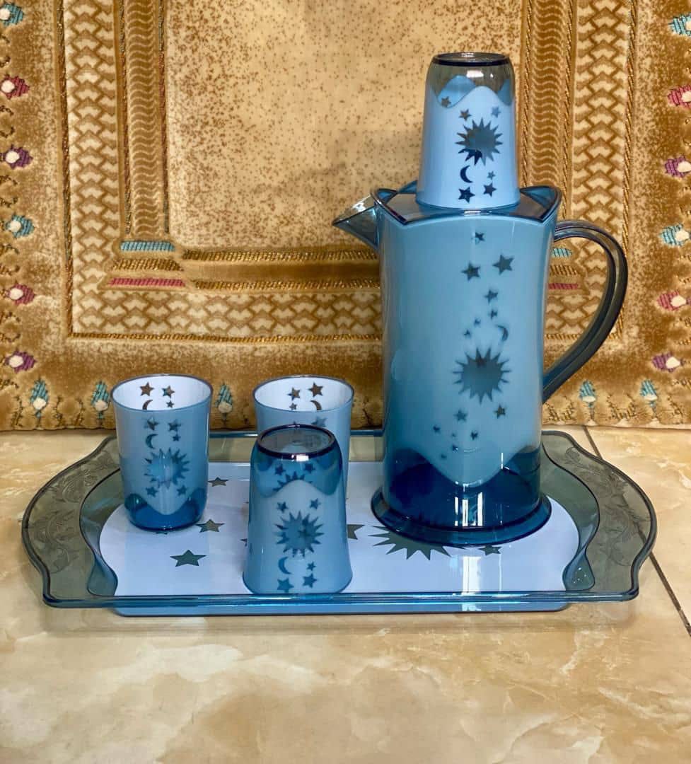 Blue Star & Moon Glass Pitcher Set with Tray