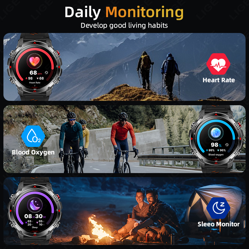 LIGE 2025 New Professional GPS Track Sports Smartwatch Outdoor RIDE Run Compass Altimeter 3ATM Fitness Bracelets 540mAh Watches