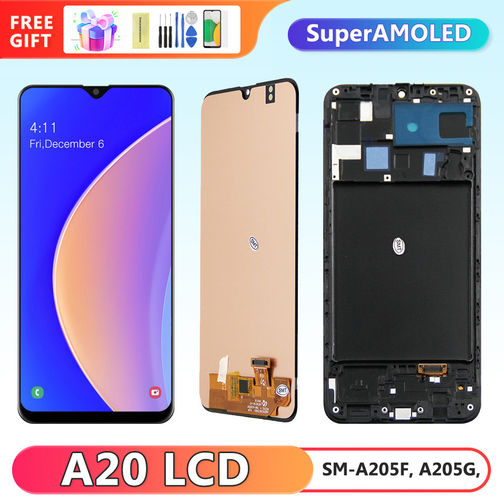 A20 Super AMOLED Display Screen, for Samsung Galaxy A20 A205 A205F Lcd Display Touch Screen Digitizer Replacement with Frame