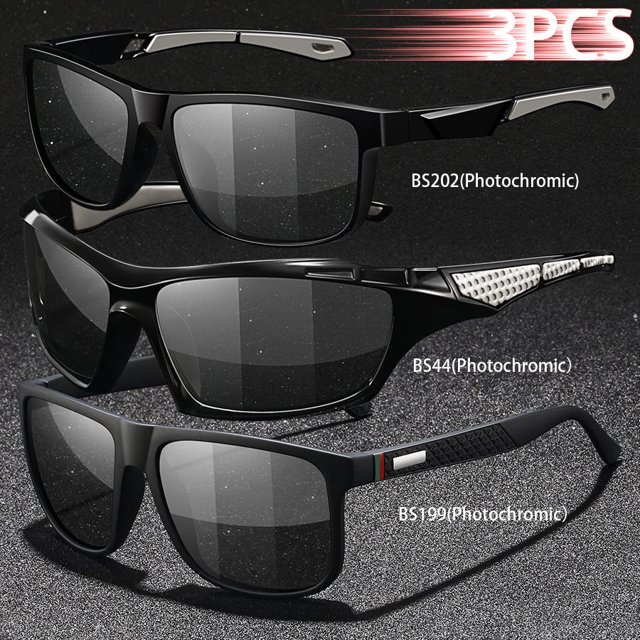 3PCS Photochromic Polarized Sports Vintage Sunglasses Men Women Cycling Driving Mountaineering Chameleon Sun Glasses UV400Eyewer