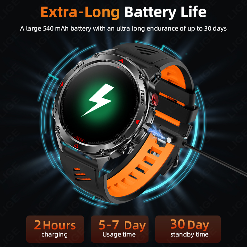 LIGE 2025 New Professional GPS Track Sports Smartwatch Outdoor RIDE Run Compass Altimeter 3ATM Fitness Bracelets 540mAh Watches
