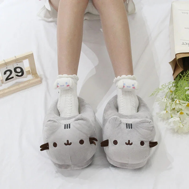 Cartoon Full Covered Cat Slippers Warm Winter Slides Soft Plush Doll Indoor Cute Anime Bedroom Shoes  Home Use
