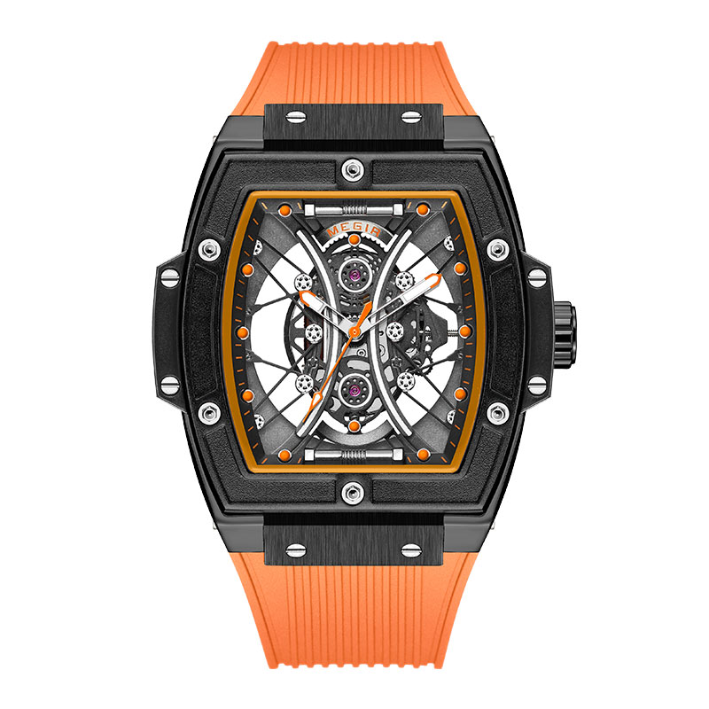 MEGIR Fashion Analog Quartz Watch Men Tonneau Dial Waterproof Military Sport Wristwatch with Luminous Hands Orange Silicone Band