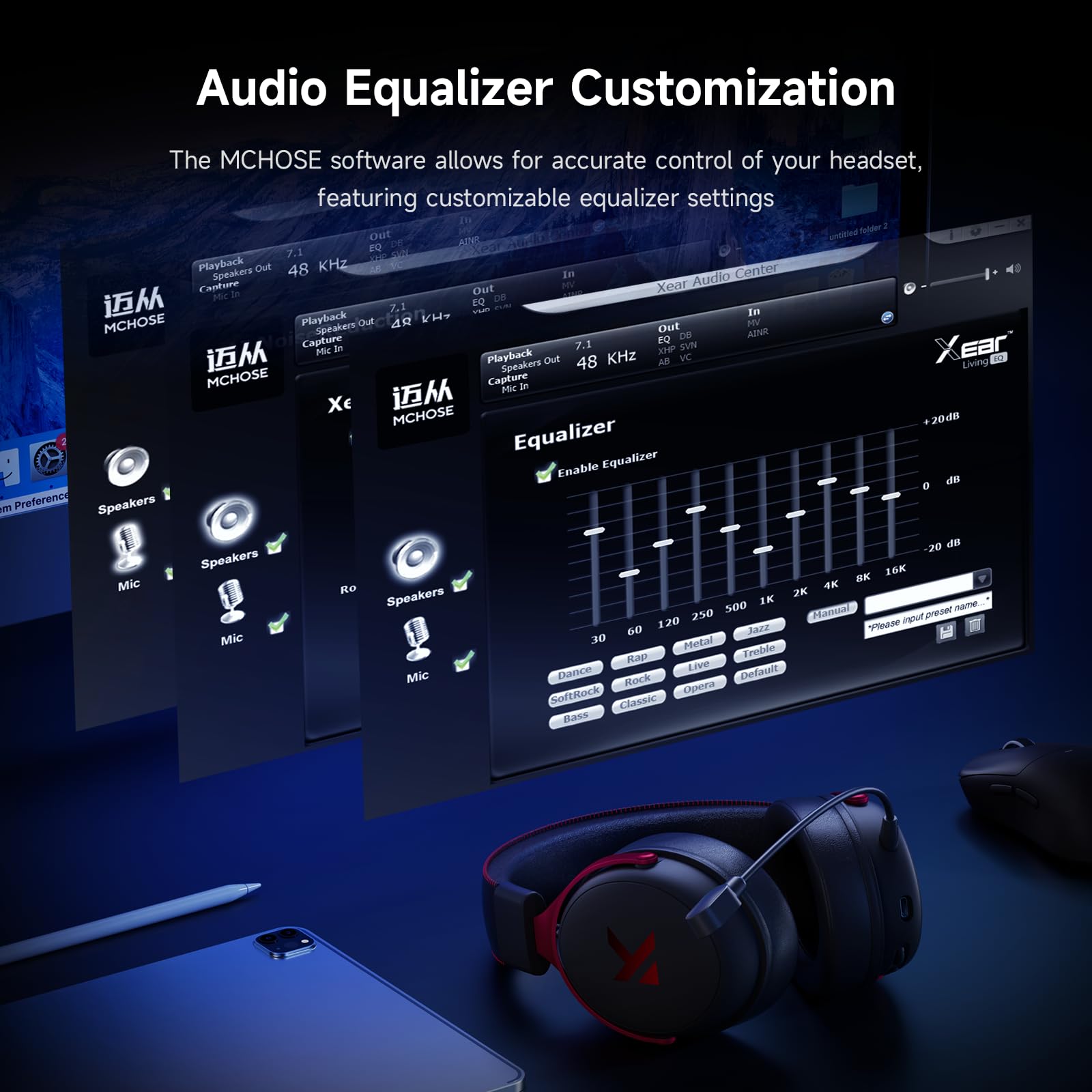 MCHOSE V9 Pro Wireless Gaming Headset Tri-Mode 7.1 Surround 53mm Driver Noise Cancel Mic EQ PC PS5 PS4 Switch Large Battery