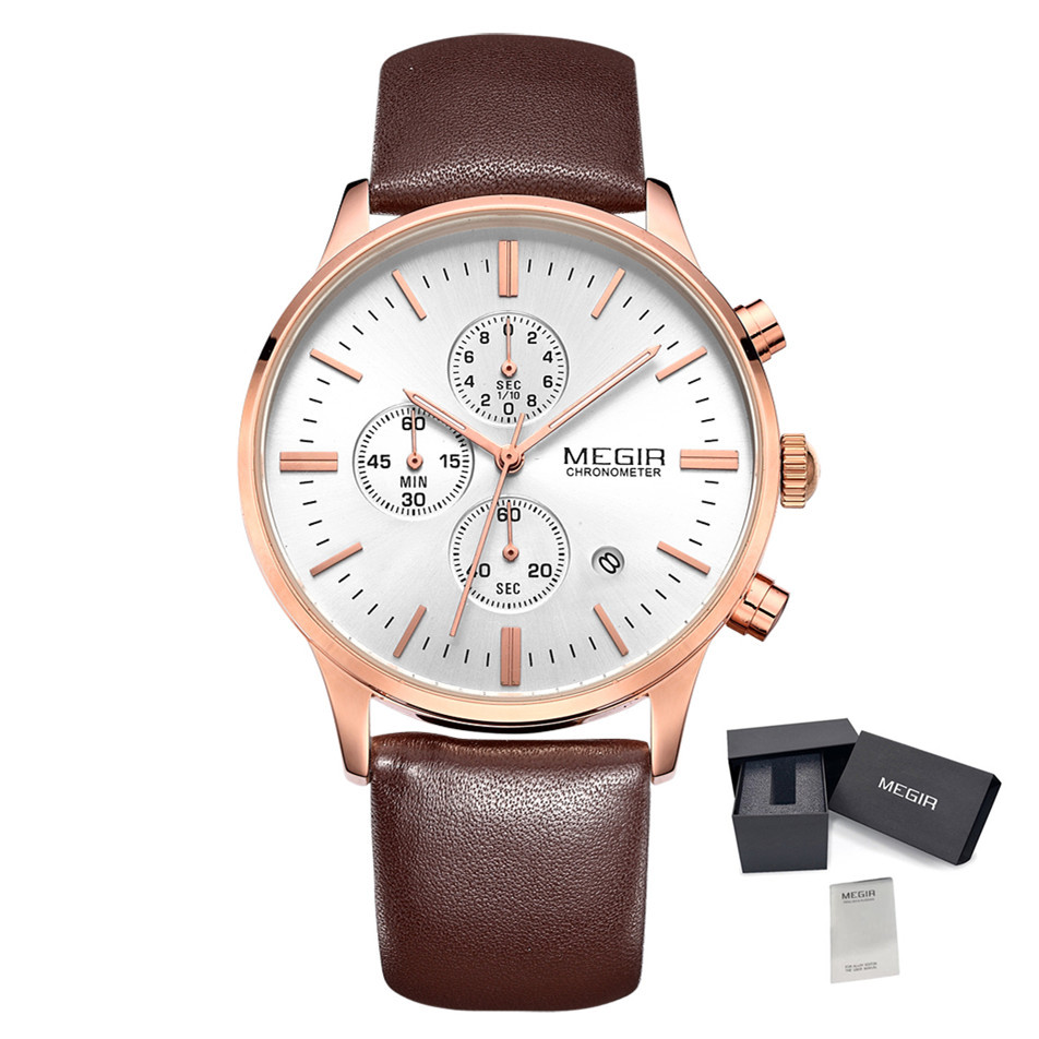 MEGIR 2011 Classic Men Quartz Watch Leather Strap Calendar Chronograph Luminous Waterproof Business Luxury Watches
