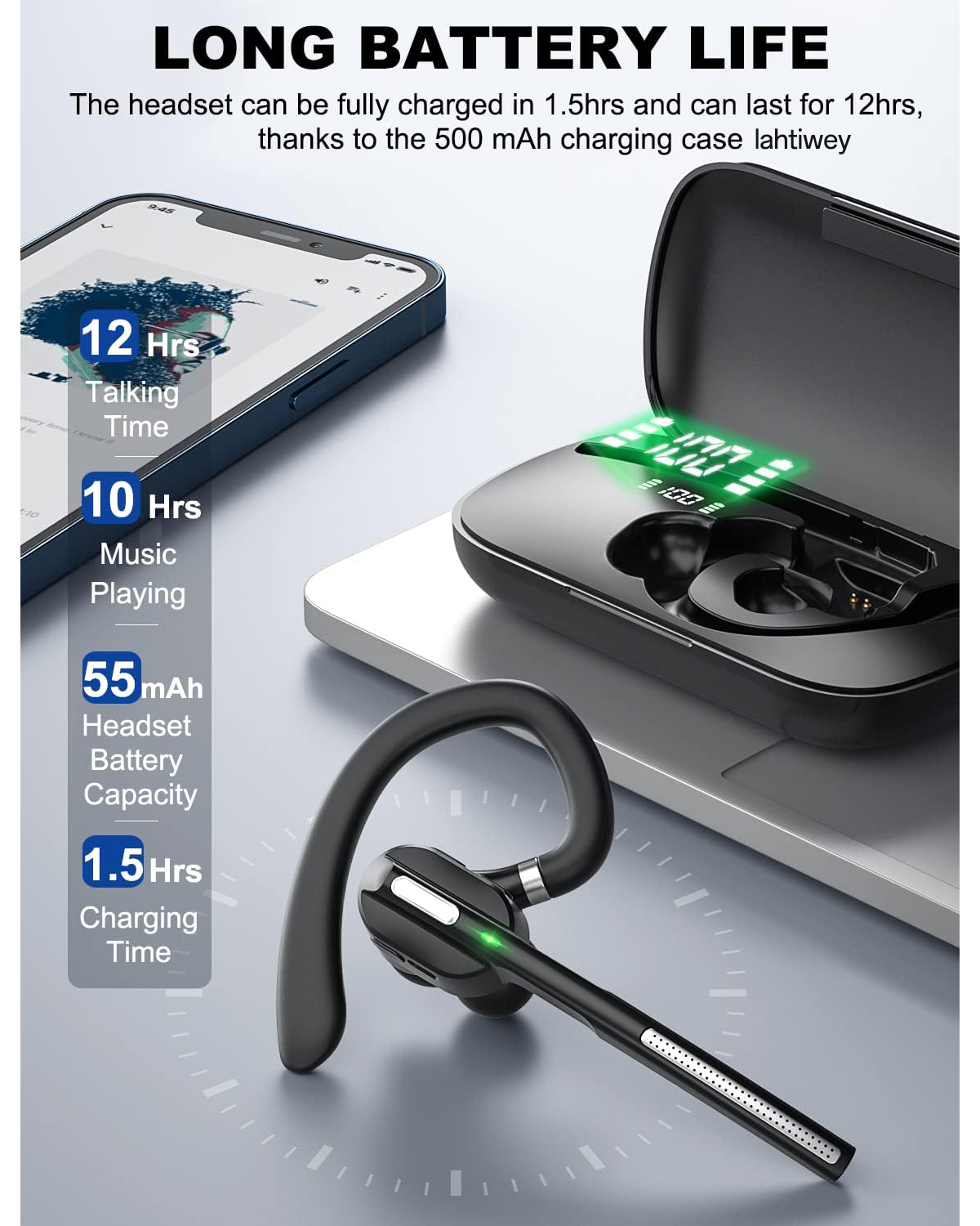 Business Bluetooth Earpiece Wireless Handsfree Headset 36 Hrs Driving Headset with Noise Cancelling Mic Headset for Truck Driver