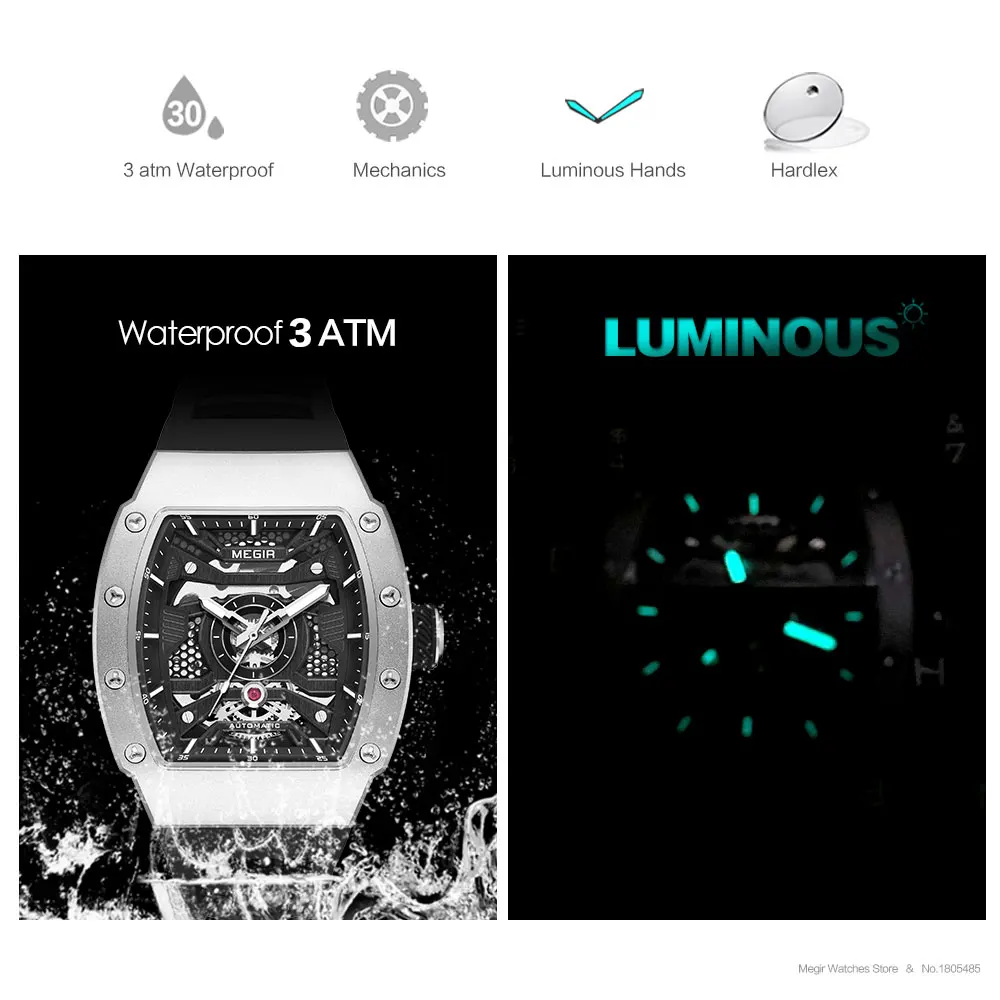 MEGIR 8604 Men's Wine Barrel Automatic Mechanical Watch Fashion and Leisure Silicone Strap Fashion Night Light Watches for Man