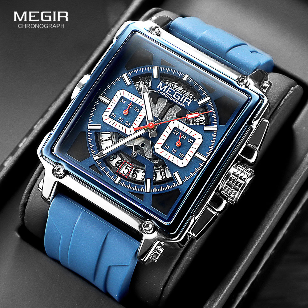 MEGIR Square Dial Sport Quartz Watch Men Fashion Waterproof Luminous Wristwatch with Chronograph Date Blue Silicone Strap 2233