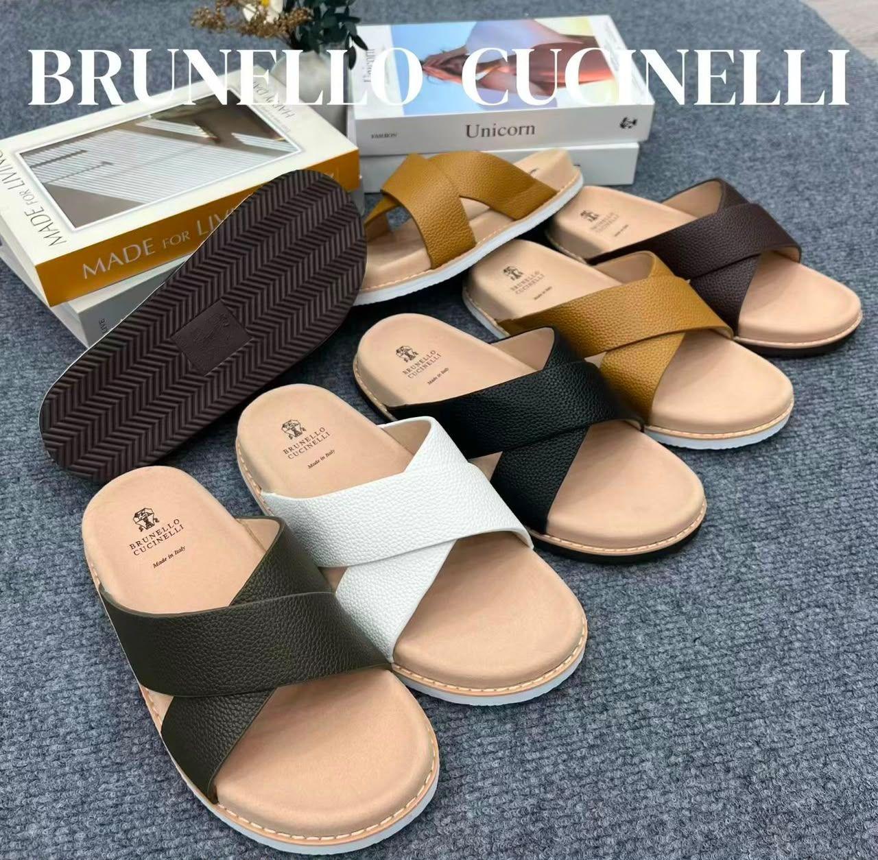 Brunello Cucinelli Olive Green Leather Slide Sandals
