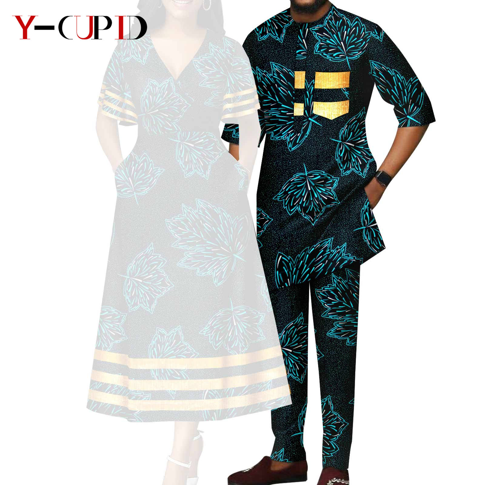 African Print V-neck Dresses for Women Couple Matching Men Outfits Top and Pant Sets Dashiki Bazin Riche Lover Outwear Y23C086